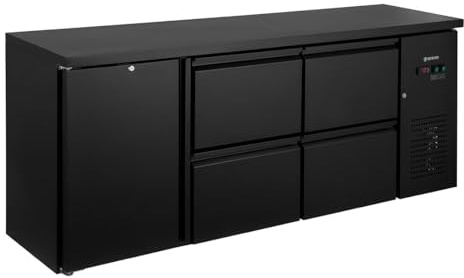 GastroHero Barkühltisch, 509L, Gastronomie, 230 V, Schwarz BKT-ECO1/4 | 4 Schubladen je 30 kg Traglast & 1 Tür, +2°C bis +8°C, LED-Innenbeleuchtung, Digital, 2 Rollen & 2 Füße, 1 Rost inkl.