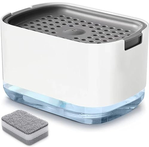 RUFCRIL Seifenspender und Schwammhalter mit Schwamm, 300 ml, Spülseifenspender für Küche, Weiß