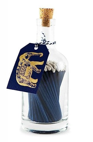 Blue Elephant Long Matches in Glass Bottle, Luxury Giant White Tipped Coloured Large Matchsticks, Fireside Candles Housewarming Gift