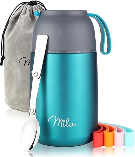 Milu Boîtes Alimentaires Isothermes 450ml I 650ml I 800ml, Boîte Isotherme Repas Chaud Porte-Aliments en Acier Inoxydable à Double Couche, Cuillère Pliante pour Ecole, Bureau (800ml/Verde)