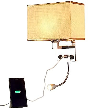 MIMMIC Applique murale en tissu/fer avec connecteur de charge USB, applique murale avec protection des yeux, liseuse LED, applique murale avec prise 5 trous, lampe de chevet avec interrupteur, E27 Lux