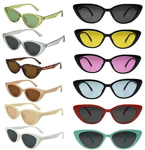 Kikuo 12Pcs Retro Sonnenbrille Uv400 Damen, Cat Eye Sonnenbrillen Damen Uv Schutz, Vintage Sonnenbrille 90s Retro für Outdoor-Aktivitäten, Sommer, Partys, Fahren
