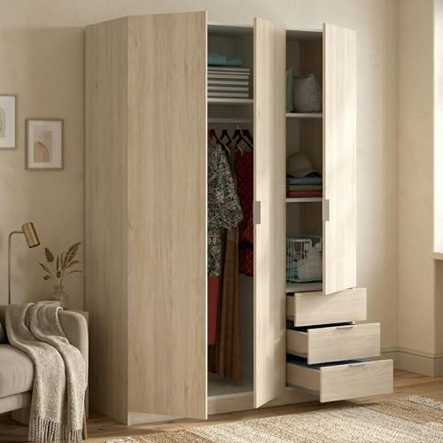 Dmora - Kleiderschrank 3 Türen Cimone, Kleiderbügel für Schlafzimmer, 3-Schubladen-Kleiderschrank, 121x52h184 cm, Eiche