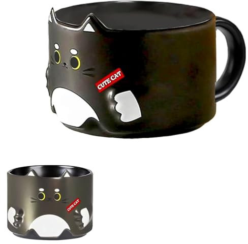 Peakpet Süße Katze Kaffeetassen Cartoon Katze Design 300ml Kaffebecher Teetasse Stapelbar Keramiktasse Katzenbecher Geschenke für Katzenliebhaber Frauen Freundin Kollegin (Schwarz)