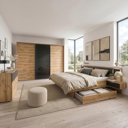 Lomadox Schlafzimmer Set 5-teilig mit Bett 180x200, LED-Beleuchtung, Schwebetürenschrank 273cm mit Passepartout, Bettschubkästen, Kommode in Graphit mit Eiche Modern