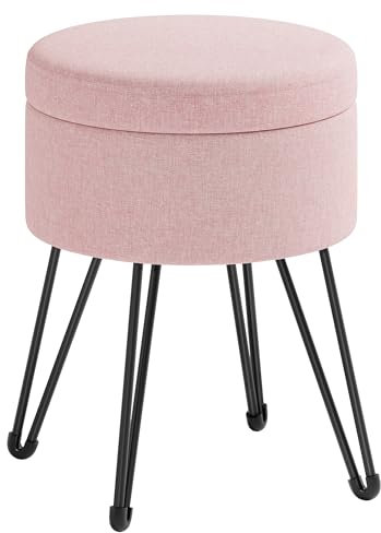 SONGMICS Sgabello Pouf Contenitore, Cassapanca Rotonda, Sgabello Toeletta, 39 x 44,1 cm (Diam. x A), Gambe in Metallo, Sedile Imbottito, Soggiorno Camera da Letto, Rosa Pastello LOM002R01