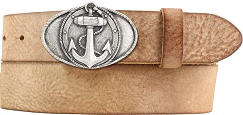 BELTINGER Gürtel mit Anker-Gürtelschnalle aus weichem Vollrindleder 4 cm Used-Look | Druckknopf-Gürtel mit Buckle 40mm | Vintage-Look | Tabac 95cm