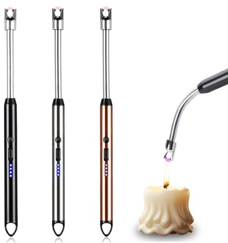 3er Set Stabfeuerzeug, Elektrisch Feuerzeug Lichtbogen Feuerzeug USB Aufladbar Plasma Kerzenanzünder Langes Feuerzeug für Kerzen Anzünden, Grill, Camping, Kamin(Black + Silver+Gold)
