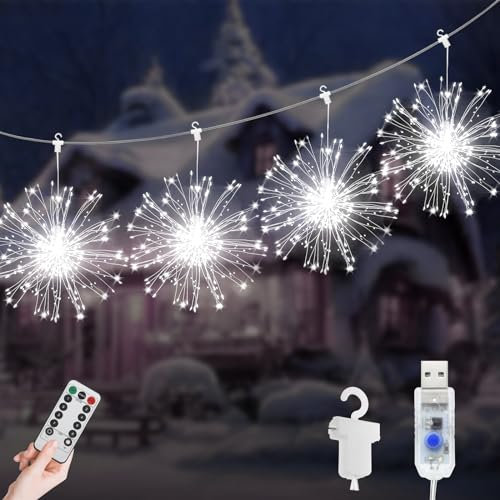 JIMACRO LED Lichterketten, 4 Stück 120 LEDs Weihnachtslicht Starburst, USB 8 Modi Wasserdicht Lichterkette Feuerwerk mit Fernbedienung Außen Innen für Weihnachten, Party, Hochzeit