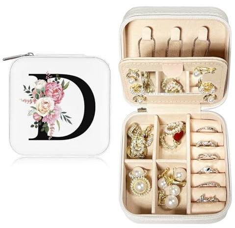 JEKUGOT Personalisierte Reise-Schmuckschatulle mit Buchstaben des Alphabets, kleine Reise-Schmuckschatulle mit Spiegel, tragbar, Geburtstagsgeschenke für Frauen, Muttertag, Valentinstag (D)