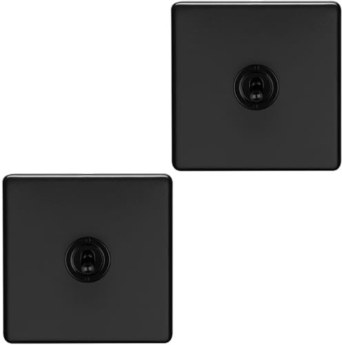 2 Pack 1 Gang Single Retro Toggle Light Switch SCREWLESS MATT Black 10A 2 Way - Classic Vintage Style Flick Lever Wall Plate
