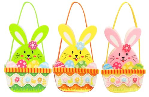 LOHAME 3 Stück Osterkörbchen Osterhasen Filz Osternester zum Befüllen Osterkorb mit Henkel Ostern Körbchen Basteln Hasen Filztasche Osterdeko Geschenktüten für Kinder Ostergeschenke Ostereiersuche
