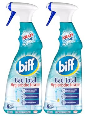 Biff Bad Total Hygienische Frische Badreiniger (2x 750 ml), Bad Reiniger gegen Kalk & Schmutz, Sprühflasche, Kalkentferner für alle Oberflächen und hygienische Sauberkeit im ganzen Bad