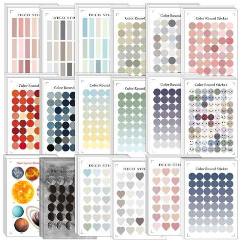 ONEBO 72 Blätter Farbig Selbstklebend Sticker,Runde Punktaufkleber,Herzform Etiketten,für Scrapbooking Verschönerung,Umschlag,Alben (18 Stil×4 Blätter)