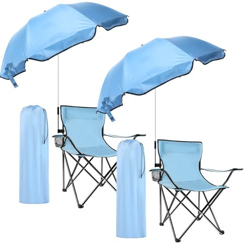 Anglechic 2 Pack Beach Chair with Umbrella for Adults Universal Clamp Folding Lightweight Adjustable Backpack Sling Beach Camping Chair with Cup Holder for Sand Camping Travel Outdoor Pool(Sky Blue)