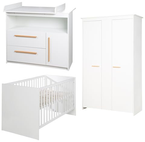 roba Zimmer Set Lilo für Kinder - Mitwachsendes Gitterbett 70 x 140 cm + Wickelkommode mit 2 Schubladen und 1 Tür + Kinderkleiderschrank - Griffe aus Buche - Holz weiß lackiert