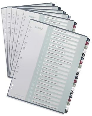 Leitz Register für A4, 6er Pack, PC-beschriftbares Deckblatt und 20 Trennblätter, Taben mit Zahlenaufdruck 1-20, Überbreite, Weiß/Mehrfarbig, PP, Style, 12390000