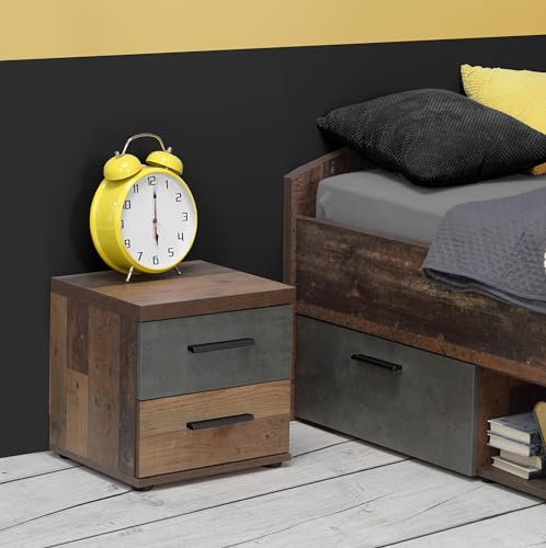 Forte Winnie Nachttisch 30 40, Kleiner Nachttisch mit 2 Schubladen, Nachtschrank rustikal, Holzwerkstoff, Old-Wood Vintage Holzdekor/Betonoptik Dunkelgrau, 37,7 cm breit x 38,6 cm hoch x 34,8 cm tief