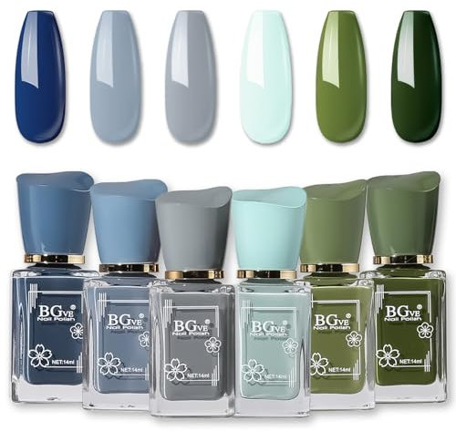 Blue Nail Polish Set, 6 Pcs Green Nail Polish Nail Varnish Set - No Need UV Quick Dry Nail Polish Long Lasting Nail Polish Sets for Women - Nail Paint for DIY Nail Art Beauty Gifts Manicure Kit, 14ml