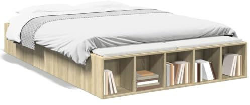 Homgoday Bettgestell Holzbett Bettrahmen ohne Kopfteil Einzelbett/Doppelbett Stauraumbett Gästebett Jugendbett für Schlafzimmer Gästezimmer Sonoma-Eiche 120x200 cm Holzwerkstoff