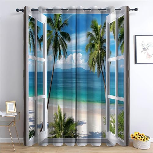 Verdunklungsvorhänge Gardinen mit Ösen Blickdichte Vorhänge Lärmschutzvorhang für Kinderzimmer Thermo Gardinen mit Palmen am Strand vor dem Fenster Muster, 160 x 70 cm (HxB), 2er Set Schiebevorhänge