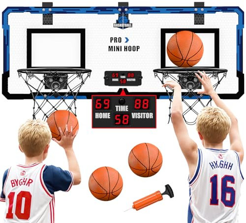 HYES Dual Basketball Hoop for Kids, 2 Player Mini Basketball Hoop Indoor, Mini Hoop with 4 Balls, Scoreboard, Pump, Over Door Basketball Toy Gifts for Kids Boys Girls - Blue