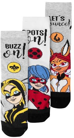 United Labels Miraculous Socken für Mädchen - Ladybug, Rena Rouge & Vesperia Kinder Sneaker Kindersocken Söckchen Grau/Weiß (3er Pack) (DE/NL/SE/PL, Numerisch, 31, 34, Regular, Grau/Weiß)
