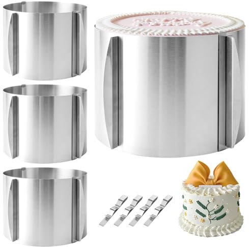 YAYODS 4 Stück Tortenring Verstellbar Ø 16-30 cm - Tortenring Hoch 15cm - Edelstahl Backring mit Befestigungsclips - Torten Ring mit Skala - Kuchenring Rund für die Zubereitung von Kuchen und Torten