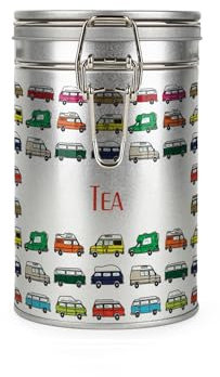 Purely Home Campervans Tea Canister - Multicoloured Campers Holiday Gifts for Campervan Owners - Silver Metal Clip Lid Kitchen Food/Drinks Storage Jar/Container 600ml (14cm x 8.5cm)