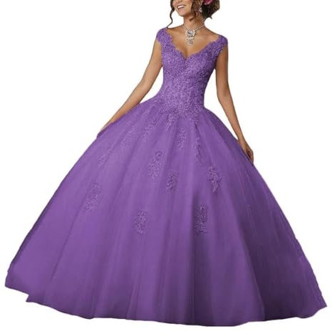 BABYONLINE D.R.E.S.S. Robe De Bal Ado en Tulle avec Dentelle Et Paillettes - Robe Cérémonie Femme Grande Taille - Décolleté Cœur - Robe Longue Femme Été. Violet Cendré 36 Offir Jupon Gratuite