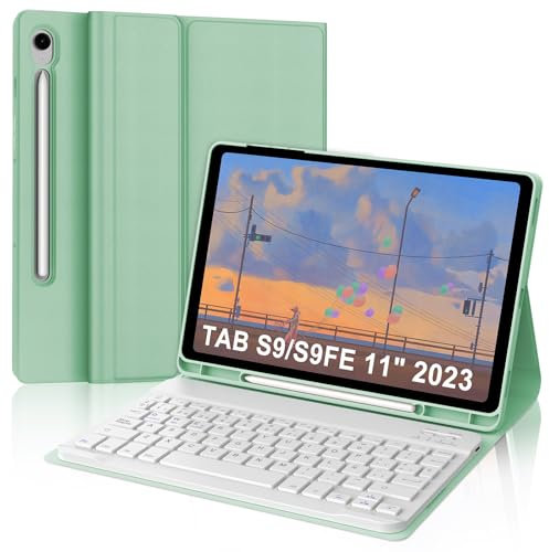 SENGBIRCH Funda Teclado Samsung Galaxy Tab S9 FE 10.9, Teclado Samsung Tab S9 11 2023, Teclado España Ñ Bluetooth Inalambrico Desmontable para Samsung Galaxy Tab S9/S9 FE 2023, Verde Claro