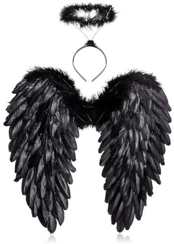 60 cm alas de ángel negras con aureola, alas de ángel, alas de pluma, alas de ángel, alas de ángel para mujeres y niñas, disfraz de fiesta de disfraces