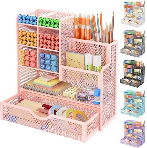 VITVITI Schreibtisch Organizer, 10 Fächer Stiftehalter mit Schublade, Netz Stifte Regal aus Metall, Stiftehalter Schreibtisch für Schule Heim Büro (Rosa)