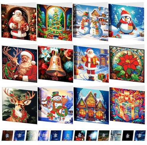 JSRQT 12 Stück 5D DIY Diamond Art Painting Karten Weihnachtskarte mit Kuverts Weihnachtskarten Strass Handwerk Handgefertigte Schöne Motive Diamant Malerei Grußkarte Christmas Grußkarten Geschenkkarte