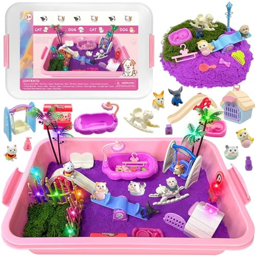 PIIMNT Kinetischer Spielzeug Sand,Set mit Lichtern, Katze und Hund Haustierpflege SpielPlaysets, Geburtstagsgeschenke für 3,4,5,6,7,8,9,10 Jahre Alt