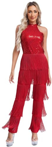 Jugaoge Damen Latein Body Neckholder Jumpsuit Overall Pailletten Top und Lange Hose mit Fransen Einteiler Tanzbekleidung Cha Cha Samba Salsa Kleid Burgundy S