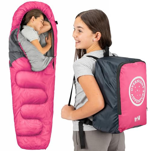 Trail Kids Sleeping Bag Mummy Shape 3 Season Camping 300gsm Boys Girls with Lightweight Rucksack Bag (Pink)