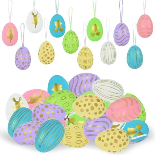 LGZIN 24 Stück Ostereier zum Aufhängen, Ostereier Plastik mit Schnur, Ostern Eier Bunt, Ostereier Dekoration, Kunststoff Ostereier, Osterdeko für Drinnen, Draußen und Osterstrauchdeko