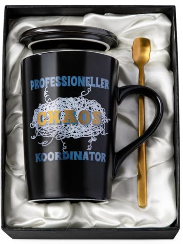 Bester Chef Geschenke Kaffeebecher, Professioneller Chaos Koordinator - Lustige Tasse Geschenk für Männer Chef Vater Papa, 400ml Schwarz Kaffeetasse mit Deckel, Löffel, Grußkarten, Schöne Geschenkbox