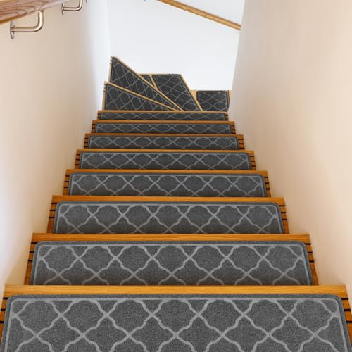 Daletu 15 Stück Treppenstufen Matten 76x20cm, Antirutsch Treppe Stufenmatten Selbstklebend Treppenteppich, Maschinenwaschbare Treppen Teppich mit TPR-Gummirückseite für Kinder, Senioren und Hunde