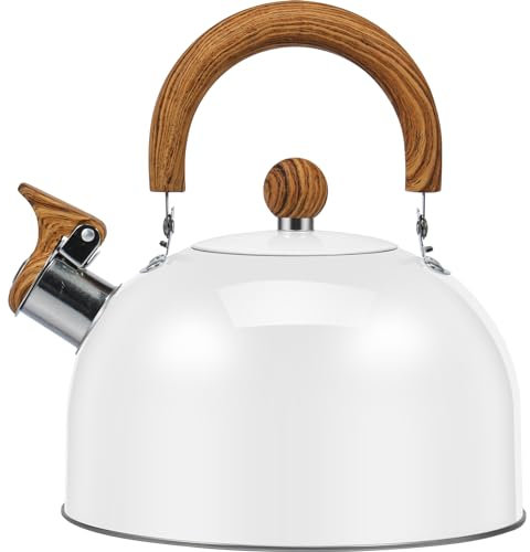 Whistling Kettle with Anti-Scald Handle, 3L Food Grade Stainless Steel Stove Top Kettle, Retro Style Teapot Camping Kettle for Kitchens Gas Stove Induction Cooker (White)