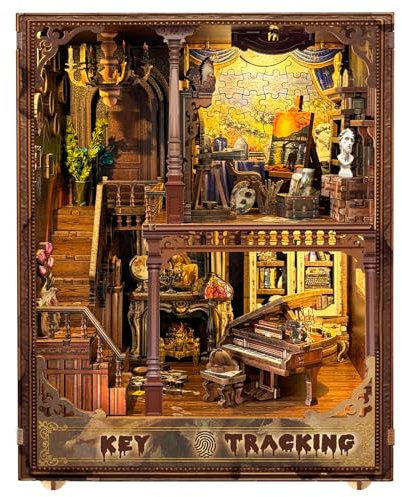 Doviden Book Nook DIY Set Erwachsene - Miniatur Haus 3D Puzzle Holz Bastelset mit LED, Bücherregal Deko & Buchstütze - Modellbausatz & Geschenk für Leseratten(Key Tracking)