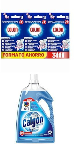 Pack Colon Limpialavadoras elimina malos olores, Megapack de 3 usos, 250 ml, + Calgon Gel - Antical para la lavadora, Anticorrosión, Elimina Olores y Suciedad, en formato gel, 45 dosis