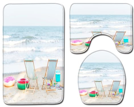 Bad Teppiche Set Beige Strand Meer Badezimmerteppich Waschbar WC Vorleger mit Ausschnitt und WC Deckelbezug 3 Teilig Badematte rutschfest Toilettensitzbezug Badgarnitur 45x75 cm