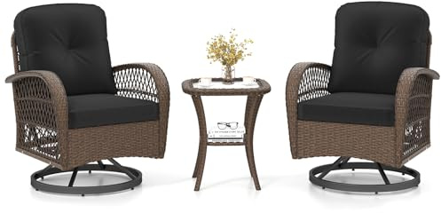 COSTWAY 3 Pieces Patio Rattan Bistro Set, 360° Swivel Outdoor Rocking Chairs and Table Set with Cushions and Pillows, Garden Furniture Set Wicker Conversation Sofa Table (Black)