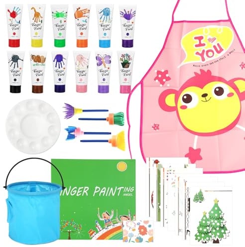TAVADA 51-Teiliges Fingerfarben Kinder Ungiftig ab 2 Jahre,Waschbar(12 Farben x 60 ml),Fingerfarben Set mit Pinsel,Schürze,Palette,Aufbewahrungstasche und Fingerfarbens Malbuch,Malset für Kinder
