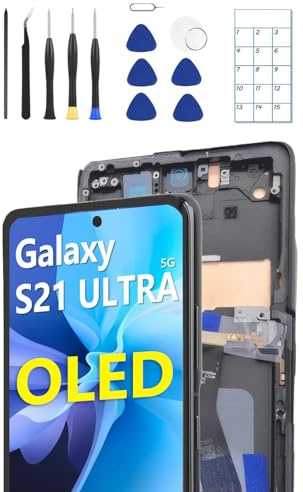 JQYDZH OLED pour Samsung Galaxy S21 Ultra Écran de Remplacement ecran Tactile Assemblage SM-G998B SM-G998B/DS SM-G998U SM-G998W LCD Empreinte Digitale (Cadre + Outils de réparation) (S21 Ultra Noir)