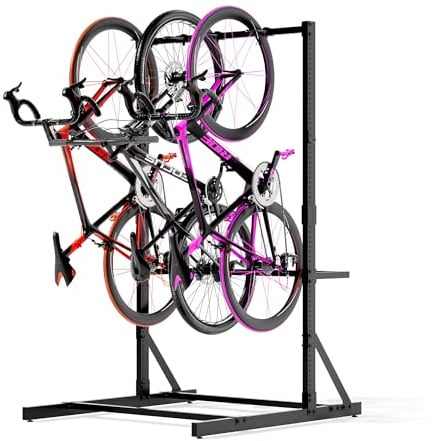 Freistehender Fahrradständer für die Garage, vertikaler Fahrradständer, robuster Fahrradbodenständer aus massivem Stahl für maximal 5 Fahrräder mit Haken und Helmhaken zur Aufbewahrung zu Hause