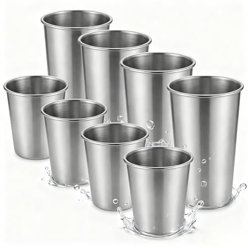 Stainless Steel Cups & Pint Tumblers Set of 8 - 4 Pack 8 oz + 4 Pack 16 oz Stackable, BPA Free Unbreakable 304 Metal Drinking Glasses for Children & Adults, Indoor Outdoor Picnic Travel Camping