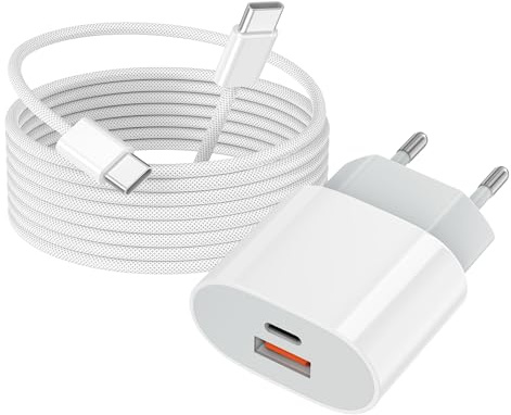 Caricatore per iPhone 17 16 15, 20W 2-Porto Alimentatore USB C & USB A Multipla Ricarica Veloce con Cavo 2M per Apple iPhone 16 17/16 17 Pro/16 17 Max/16 Plus/15/15 Pro/15 Max/15 Plus/iPad Pro/Air